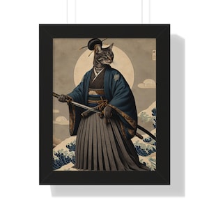 Samurai Cat Framed Poster, Japanese Art Print, Home Decor, Cat Lover Gift, Unique Wall Art, Animal Lover Decor