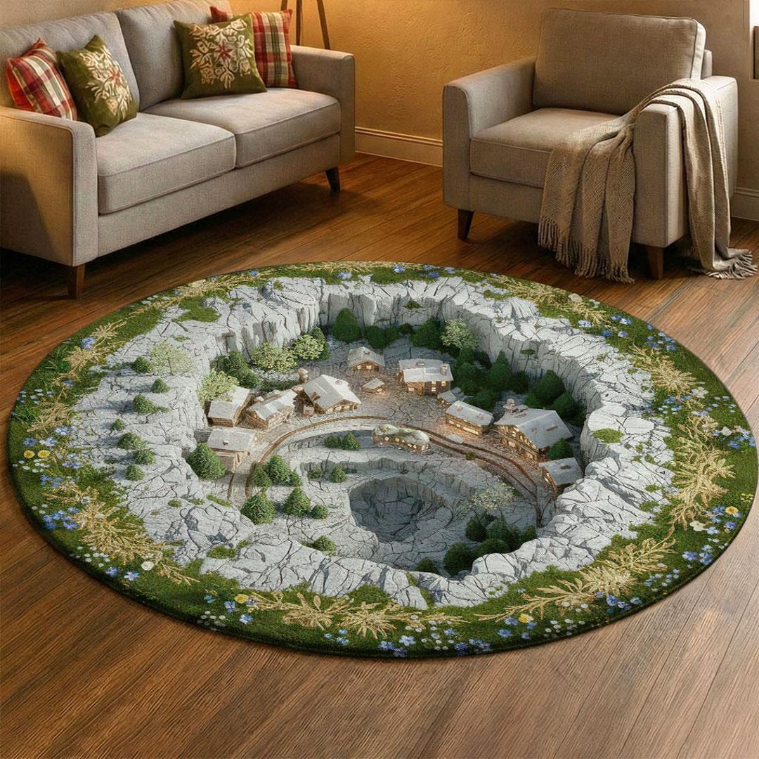 Rocky Earthy Rug 3D Rocky Spring Village Rug, Mountain Town Illusion Carpet, Blue Flower ...