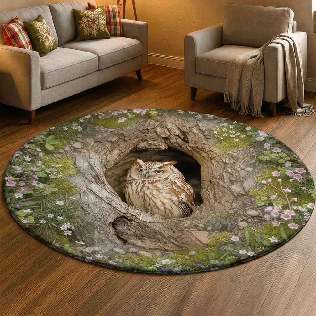 3D Forest Owl Tree Hollow Rug, Spring Wildflower Floor Mat, Realistic Nature Wildlife Carpet, Woodla