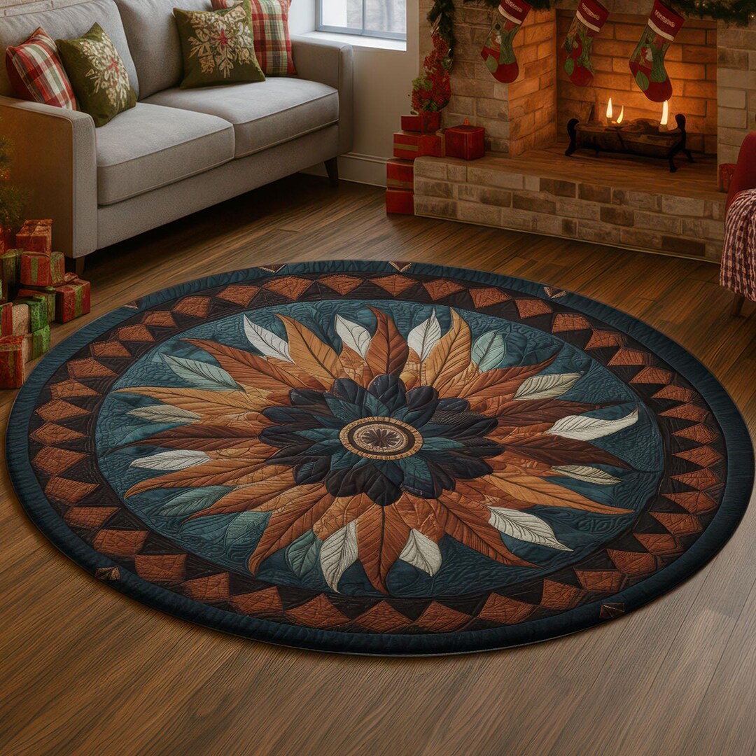 Scorched Rug 3D Feather Medallion Rug, Teal Burnt Orange Bohemian Round Carpet ...