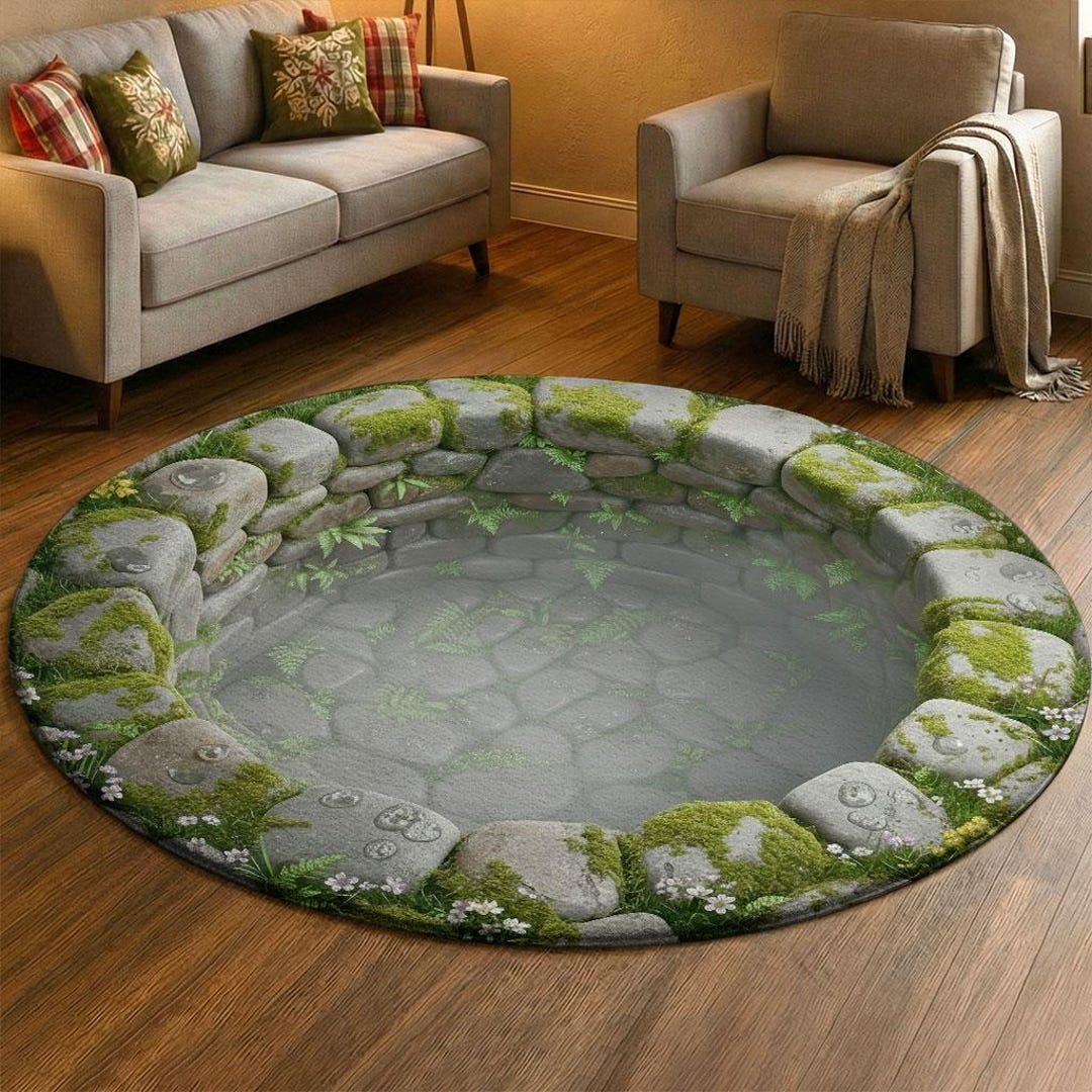 3D Mossy Stone Well Rug, Spring Garden Illusion Carpet, Natural Green ...