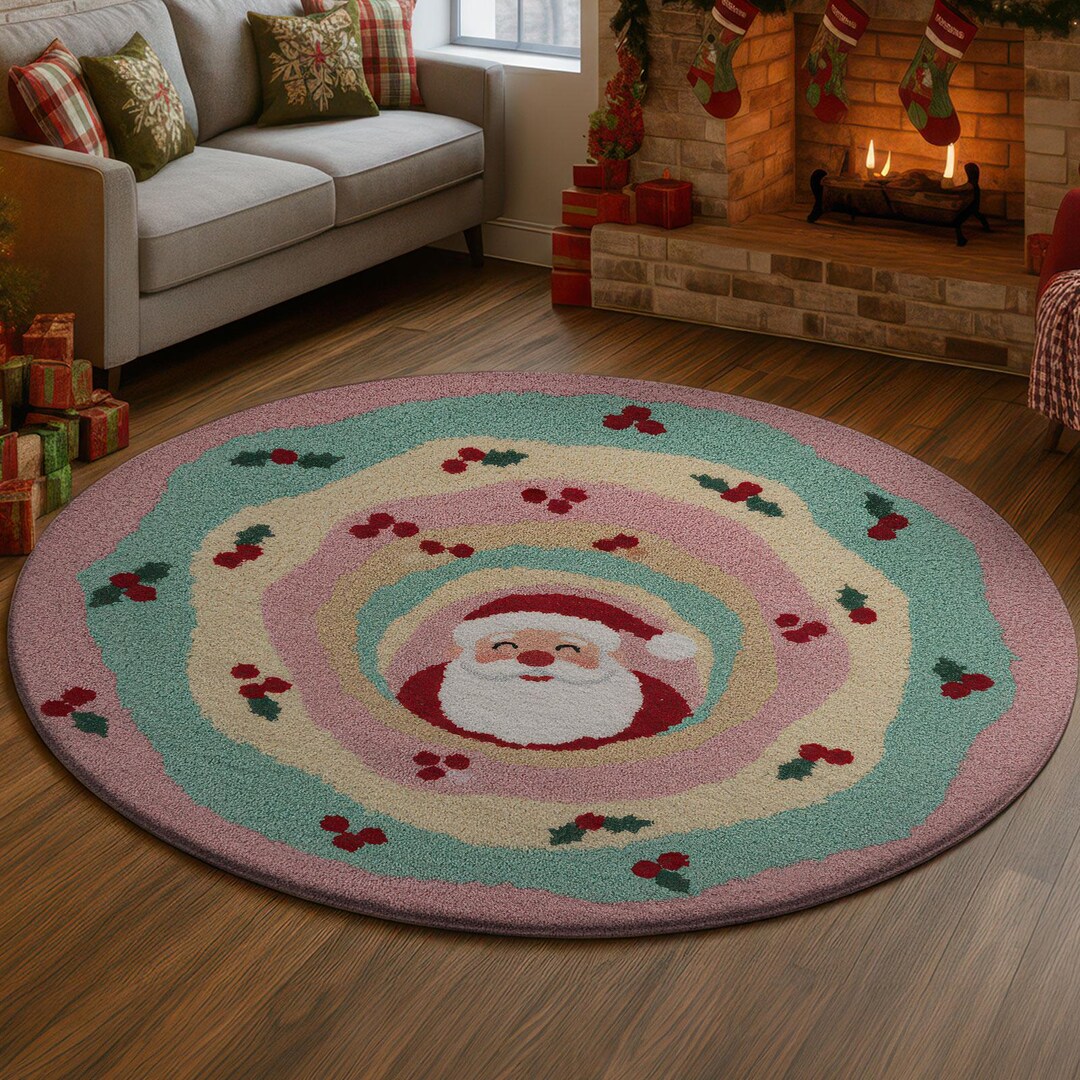 Cute Santa 3D Illusion Rug, Pastel Christmas Carpet, Cozy Holiday Mat ...