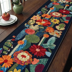 Colorful Whimsical Flower Quilted Table Runner, Vibrant Cactus Patchwork Quilt, Floral Table Decor, Boho Home Decor Kitchen Dining Gift Idea