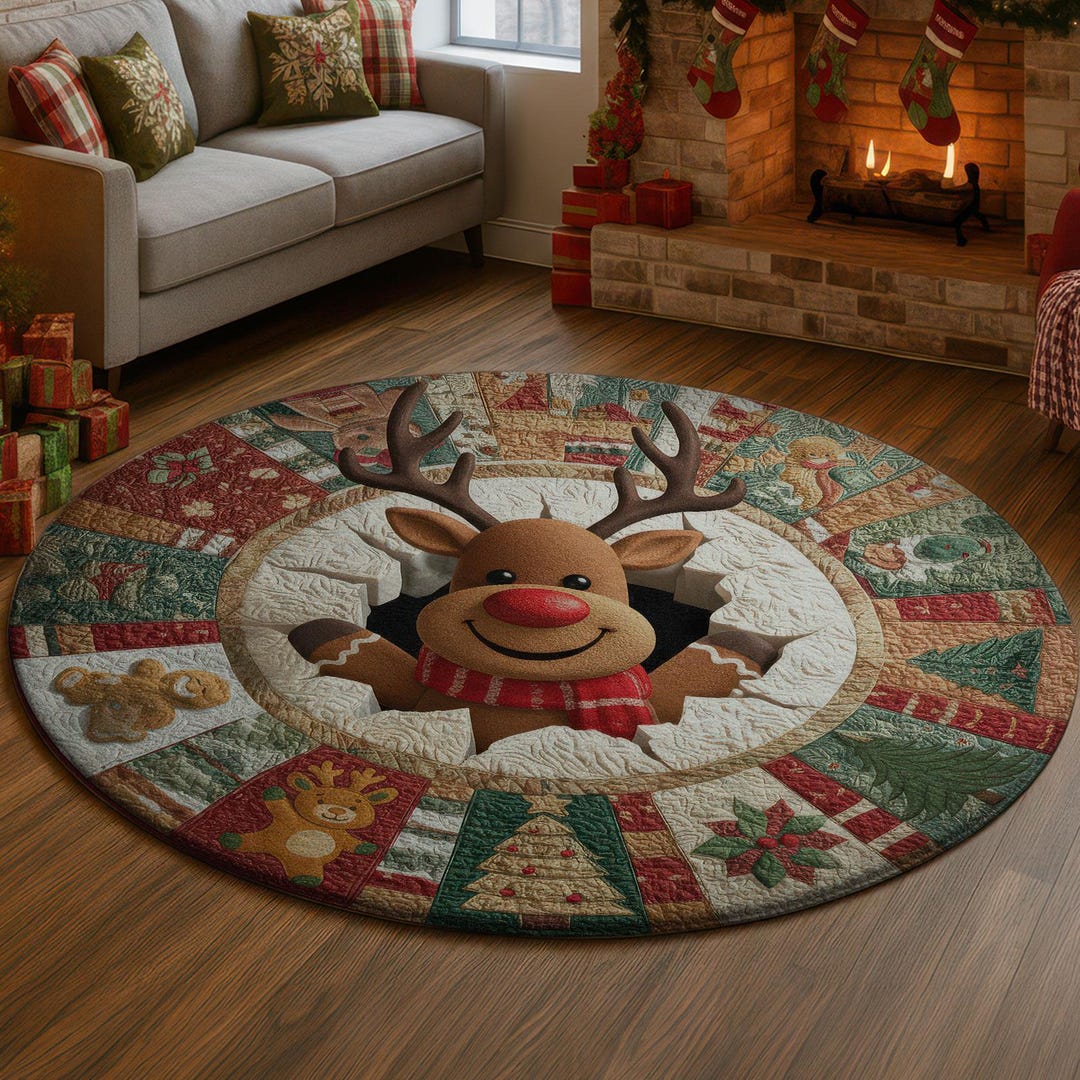 Rust Festive Rug Reindeer 3D Illusion Rug, Funny Christmas Hole Carpet, Red Green ...