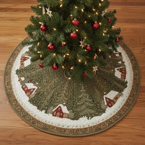 Quilted Winter Village Christmas Tree Skirt, Cozy Red Cabins, Snow-Covered Green Pines, Rustic Forest Holiday Home Decor