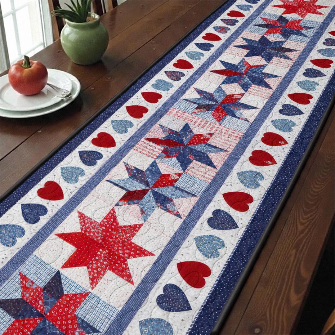 Patriotic Hearts and Stars Quilted Table Runner, Red White Blue ...