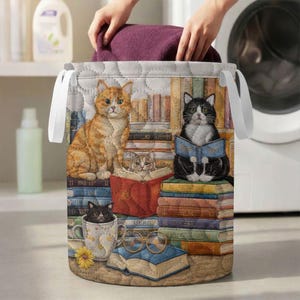Gewatteerde wasmand bibliotheekkat, leeskittenmand, opbergbak boekenliefhebber, huisdierthemadecor, gewatteerde tafelloper, patchworkquilt