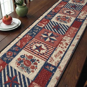 May include: A patriotic table runner featuring a patchwork design with red, white, and blue stars, stripes, and floral patterns. The runner is rectangular and likely made of quilted fabric, perfect for adding a touch of Americana to a dining table.