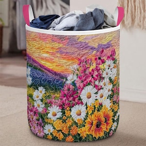 Vildblommig quiltad tvättkorg, färgglad blommig tvättkorg, förvaringslåda i trädgårdssolnedgång, quiltad bordslöpare-stil, sommarinredning, present
