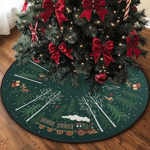 Quilted Forest Train Tree Skirt, Deep Green Holiday Scenery with Birch Trees and Deer, Festive Winter Village Quilt Decor, Cozy Xmas Mat