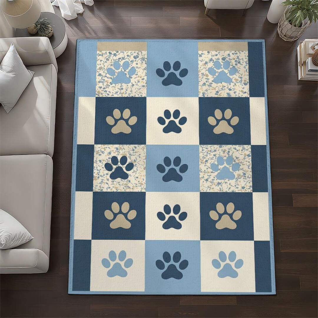 Blue Paw Print Pattern Area Rug, Pet Lover Home Decor, Puppy Dog Paw ...