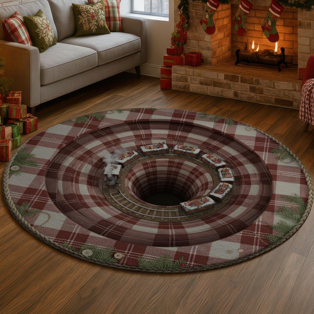 Red Train Rug 3D Christmas Train Rug, Buffalo Plaid Illusion Carpet, Red Brown Xmas ...