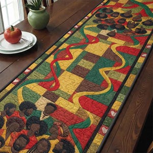 Puede incluir: Un colorido camino de mesa acolchado con un patrón geométrico de cuadrados amarillos, verdes, marrones y rojos. El camino de mesa presenta figuras estilizadas y cintas fluidas. Bordes negros con pequeños corazones.