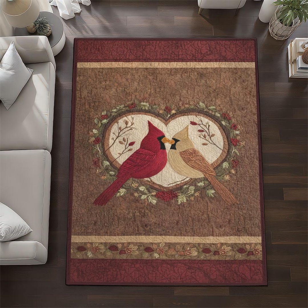 Cardinal Birds Heart Area Rug, Red Bird Couple With Autumn Berries ...