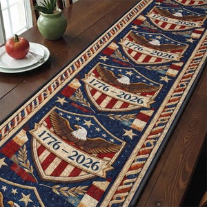 Eagle Shield Patriotic Quilted Table Runner, 250th Anniversary 1776-2026 Decor, Red White Blue Americana Stars Patchwork Quilt Table Decor