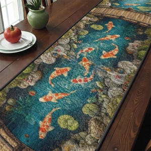 Puede incluir: Camino de mesa rectangular con un diseño de estanque de carpas koi. El camino de mesa representa carpas koi naranjas y blancas nadando en un estanque azul con nenúfares y rocas. También se ve un pequeño puente de madera.