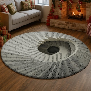 May include: A round area rug featuring a musical score design with a spiral effect. The rug has a light gray background with black musical notes and a central hole creating a 3D illusion. The rug is placed on a wooden floor.