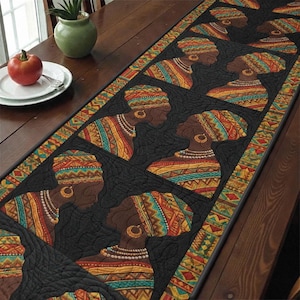 African Queen Quilted Table Runner, Black Woman Profile Decor, Tribal Pattern Patchwork Quilt, Cultural Heritage Home Decor Table Mat