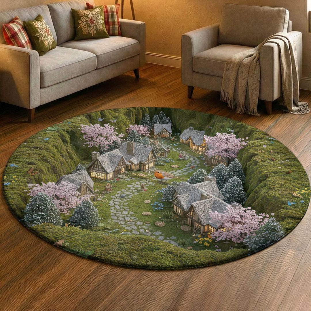 3D Fairy Village Rug, Enchanted Forest Round Carpet, Spring Robin Bird ...