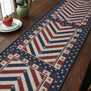 Americana Stars and Stripes Quilted Table Runner, Red White Blue Patriotic Table Decor, Chevron Pattern Patchwork Quilt, July 4th Decor