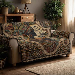 Tribal African Quilted Sofa Cover, Earth Tone Pattern Couch Protector, Luxury Heritage Sofa Seat Cover, Ethnic Geometric Furniture Protector