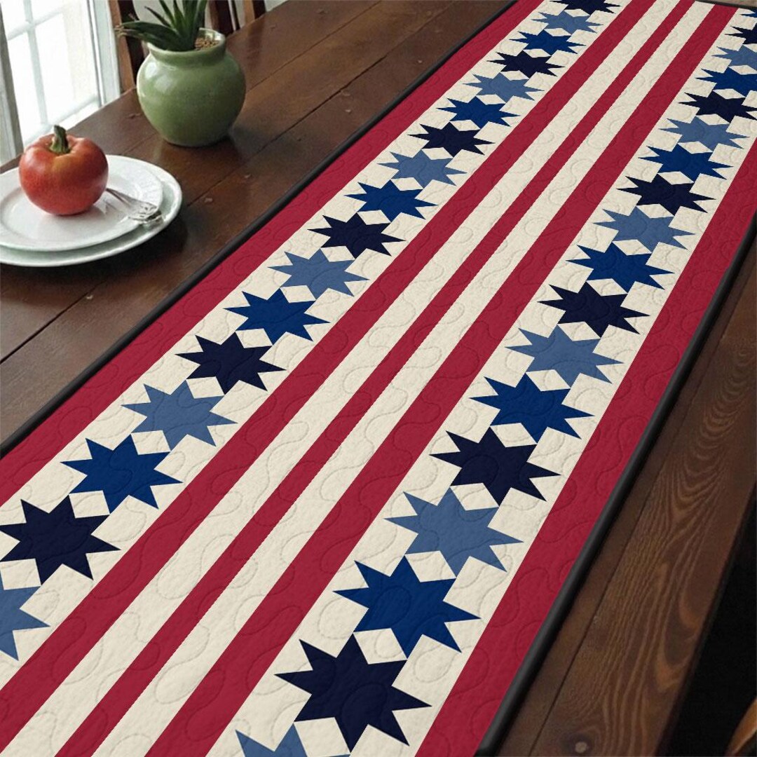 Patriotic Quilted Table Runner, Red White Blue Star Stripes Table Decor ...