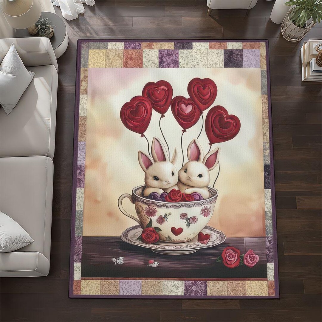 Cute Bunnies in Teacup Area Rug, Sweet Rabbits With Heart Balloons ...