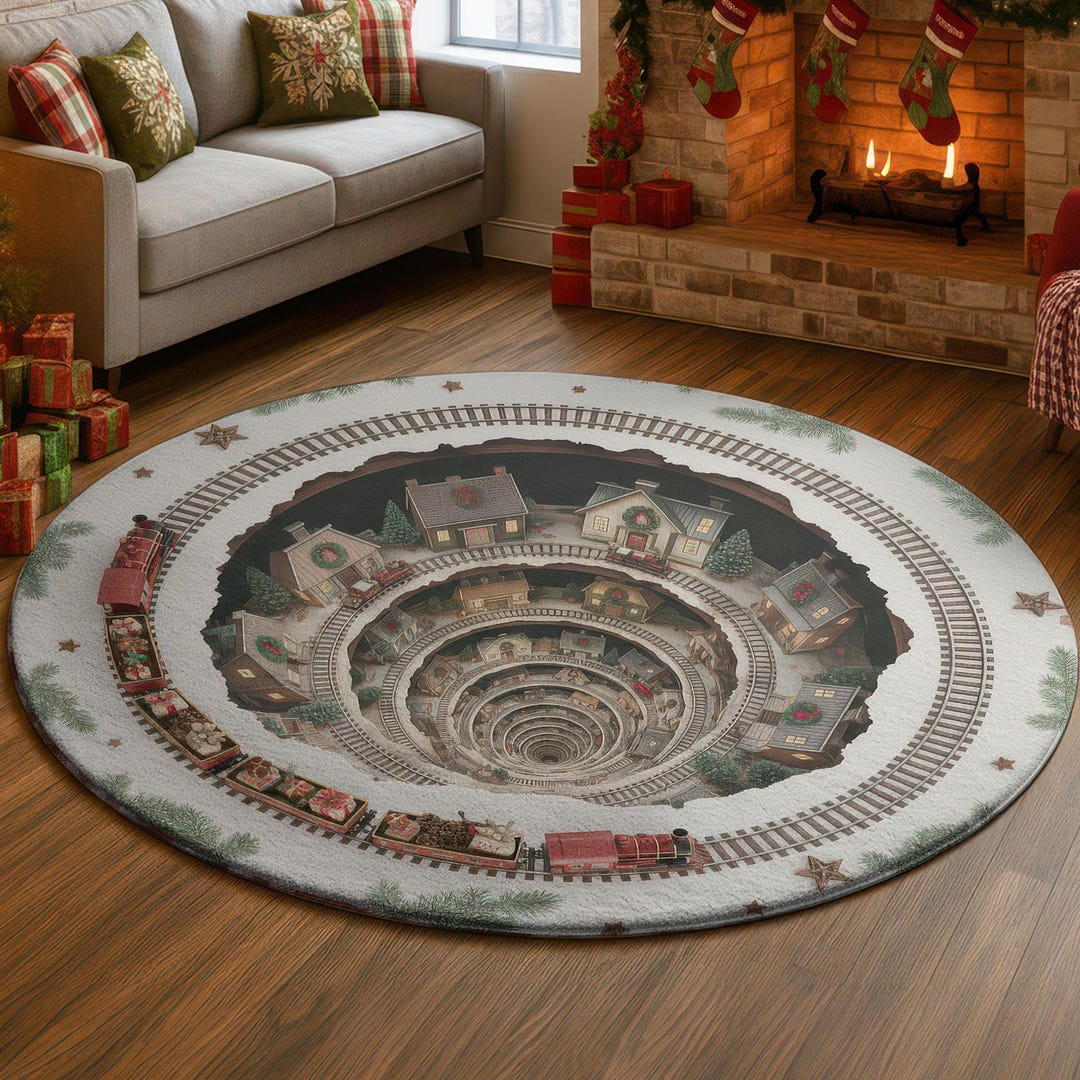 Ariva Train Rug 3D Christmas Village Train Rug, Snowy Town Tunnel Illusion Carpet, Cozy ...