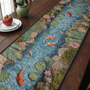 May include: A quilted table runner featuring a serene koi pond scene. The design includes orange and white koi fish swimming in a blue water stream, surrounded by lily pads and pink lotus flowers. The runner is bordered with a dark green trim.