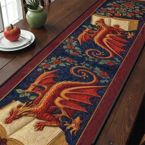 Fantasy Dragon Quilted Table Runner, Red Rose Book Patchwork Quilt Table Decor, Gothic Library Home Decor, Mythical Creature Gift For Reader