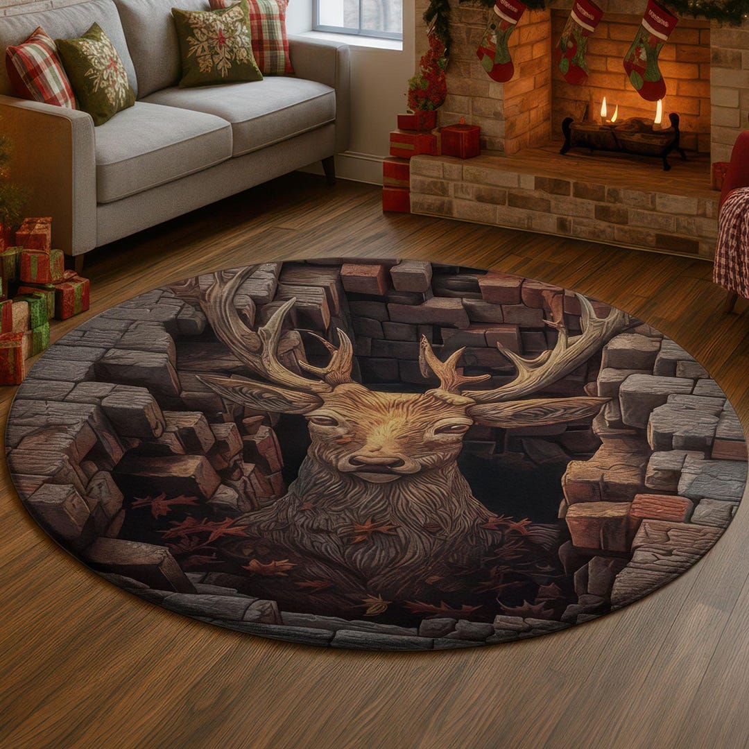 3D Majestic Deer Head Stone Brick Rug, Brown Antler Forest Carpet, Warm ...