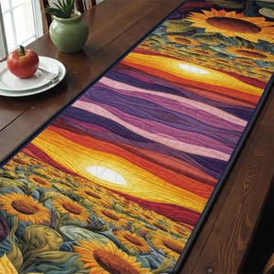 Sunflower Sunset Quilted Table Runner, Warm Autumn Floral Table Decor, Vibrant Patchwork Quilt Home Decor Golden Hour Dining Room Gift Idea