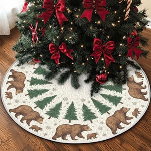 Quilted Bear Forest Christmas Tree Skirt, Woodland Green Pine Winter Scene, Cozy Holiday Quilt Tree Decor, Rustic Family Christmas Skirt