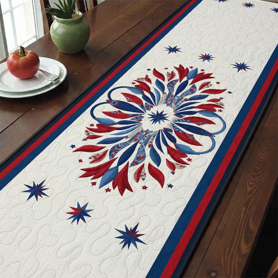 Red White and Blue Star Quilted Table Runner Patriotic Americana Dining ...