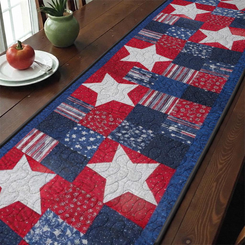 Large Star Patriotic Quilted Table Runner, Bold Red White Blue ...