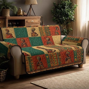 African Pattern Quilted Sofa Cover, Color Block Portrait Couch Protector, Luxury Ethnic Sofa Seat Cover, Vibrant Tribal Furniture Protector