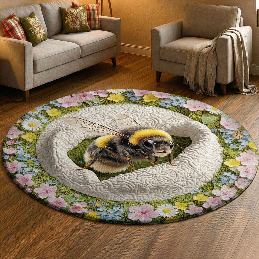Bee Rug Green 3D Spring Rug, Realistic Honey Bee Carpet, Garden Wildflower Floor Mat ...