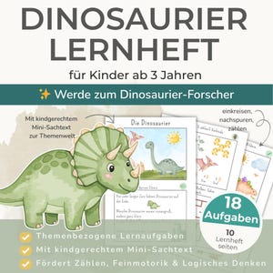 Dinosaurier Lernheft Kinder 3–5 Jahre | Dino Arbeitsblätter Kindergarten | Vorschule Übungen | Zählen, Suchen & Logik | PDF