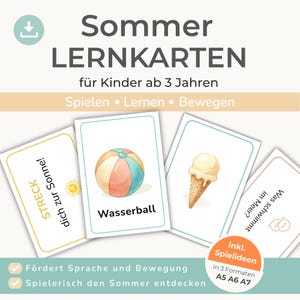 May include: A set of educational summer flashcards for children featuring watercolour illustrations of a beach ball and an ice cream cone, with German text including 'Sommer LERNKARTEN', 'Wasserball', and various activity prompts on white cards.