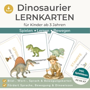 Könnte beinhalten: Ein Set aus Dinosaurier-Lernkarten für Kinder mit Illustrationen von Tyrannosaurus Rex, Triceratops und Spinosaurus sowie einem kleinen Entdecker. Die Karten enthalten deutschen Text, Bewegungsanweisungen und Angaben zu den Formaten A5, A6 und A7.