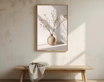 May include: A framed print featuring a gold vase with delicate branches and small buds. The vase sits on a white surface, with shadows cast across the background. The artwork is displayed above a wooden bench with a beige throw.
