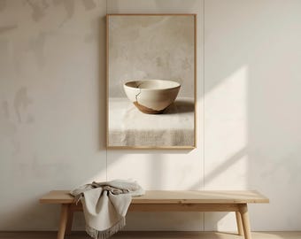 May include: A framed print of a beige ceramic bowl with a crack, set on a white cloth. The artwork is displayed on a light-colored wall above a wooden bench with a folded beige blanket.