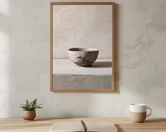 May include: A framed art print featuring a textured, neutral-toned background. The artwork showcases a rustic, cracked ceramic bowl. The bowl is set on a neutral surface, creating a minimalist aesthetic. The frame is a light wood color.
