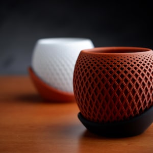 May include: Two spherical planters, one white with an orange base, the other reddish-brown with a black base. Both have a diamond-patterned design. The planters sit on a wooden surface. The planters are likely for indoor use.