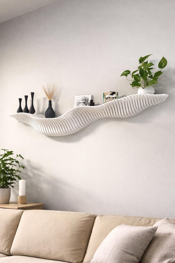 DynaShelf – Sculptural Wave Wall Shelf | 3D Printed Ribbed Floating Shelf | Modern Minimalist Wall Décor