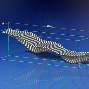 May include: A 3D rendering of a modern bench design. The bench features a wavy, elongated shape with a striped pattern in shades of gray and white. Dimensions are 1000 x 280 x 208 mm.