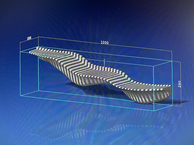 May include: A 3D rendering of a modern bench design. The bench features a wavy, elongated shape with a striped pattern in shades of gray and white. Dimensions are 1000 x 280 x 208 mm.
