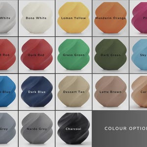 May include: A grid of 18 decorative vases in various colors, including ivory white, bone white, lemon yellow, and plum. The text "COLOUR OPTIONS" is displayed in a gray box at the bottom.