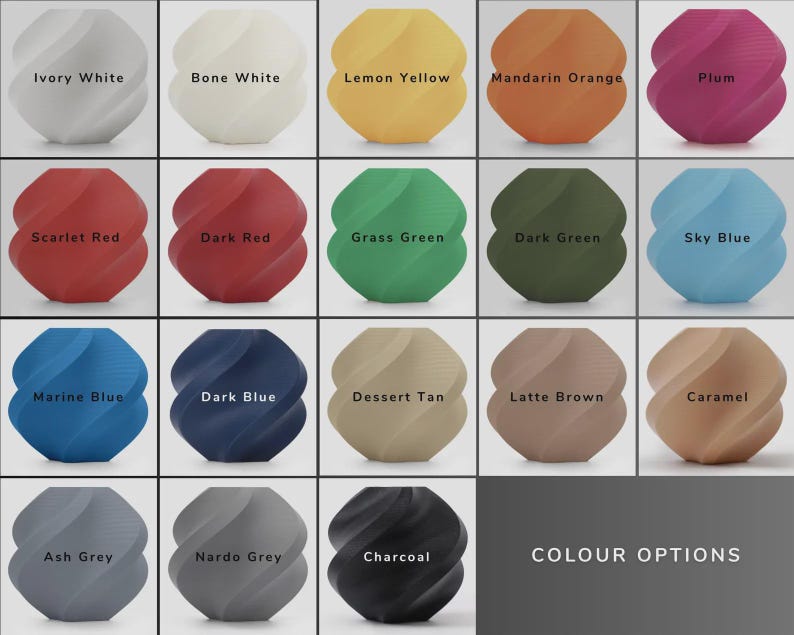 May include: A grid of 18 decorative vases in various colors, including ivory white, bone white, lemon yellow, and plum. The text "COLOUR OPTIONS" is displayed in a gray box at the bottom.