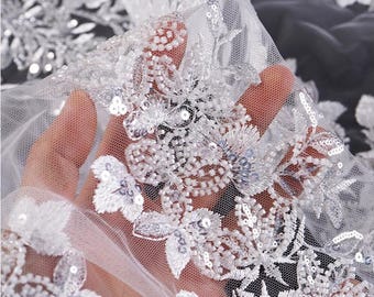 Tissu en dentelle perlée à sequins lourds, robe de mariée florale en dentelle perlée, tissu brodé rayonne avec fleurs en tulle par mètre